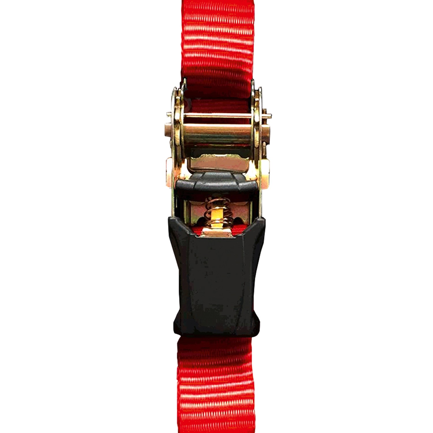 Detailaufnahme: Roter Zurrgurt mit schwarzem Spanner und Metallschnalle. Ideal zur Ladungssicherung.