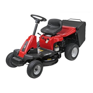 Roter Troy-Bilt Aufsitzmäher Mini-Rider 60T-R mit Heckauswurf und Fangkorb.