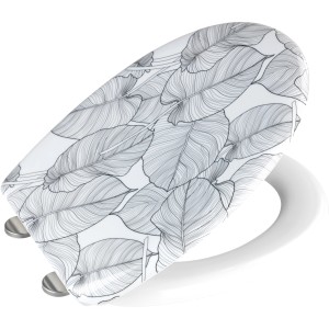 Wenko WC-Sitz Samoa, weiß mit Blätter-Design in Grau-Schwarz.