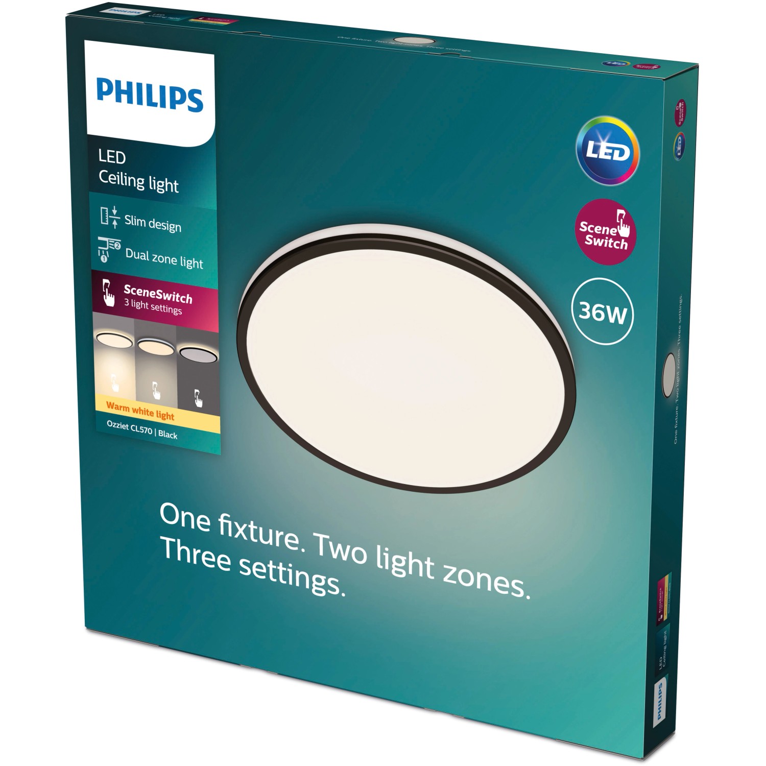 Verpackung der schwarzen Philips LED-Deckenleuchte Ozziet SceneSwitch mit 3900 lm.