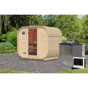 Karibu Fasssauna Quadro 1 Plus mit Ofen (9 kW, extern). Naturbelassene Massivholzsauna mit abgerundeten Ecken.