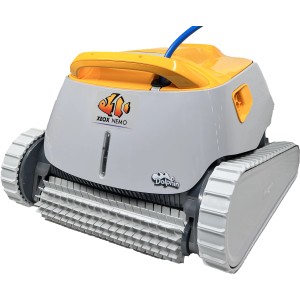 Chemoform Xeox Nemo Poolroboter, grau-orange, mit Bürsten und Raupenantrieb.