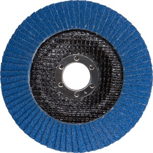 LUX Fächerschleifscheibe Metall, Ø 125mm, K80. Blaues Schleifmittel mit zentraler Aufnahme.