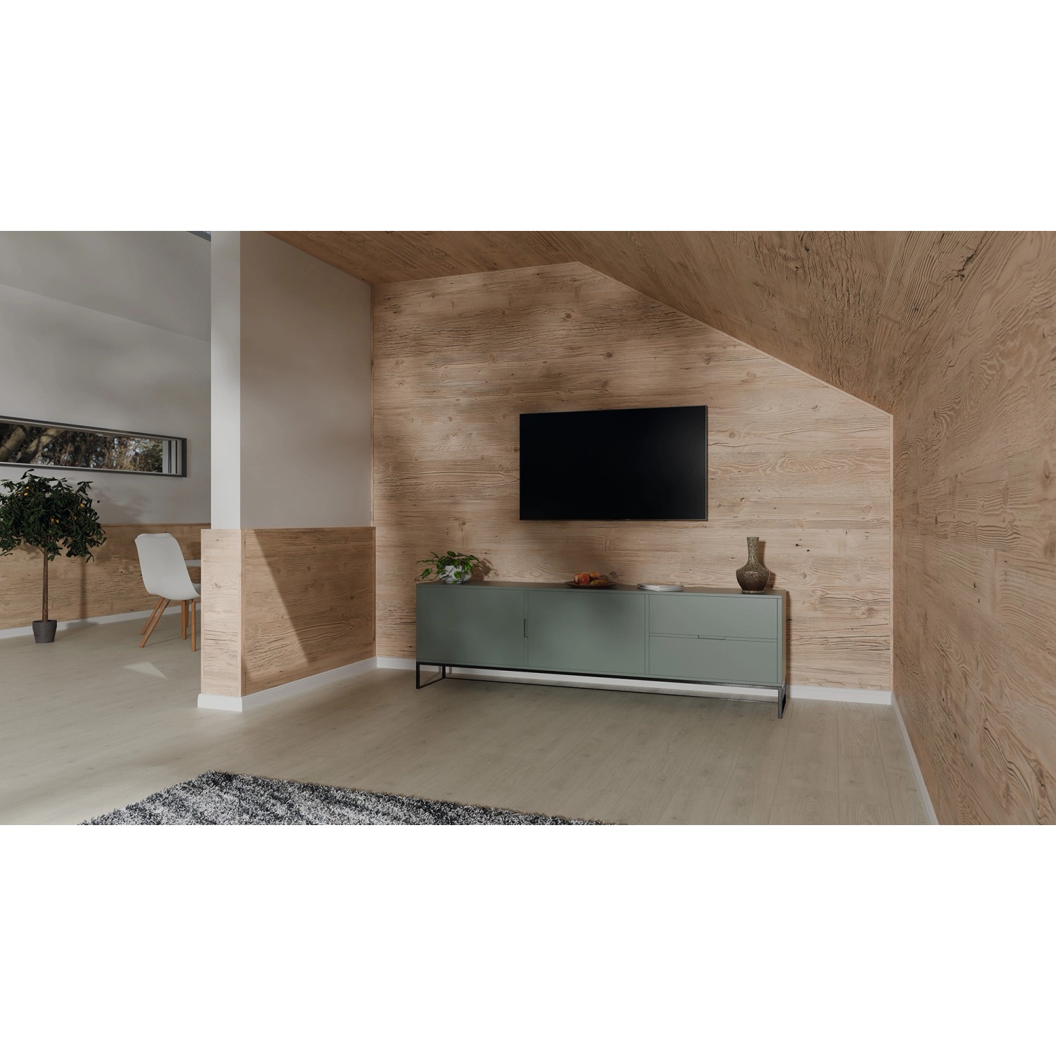 Wohnraum mit Egger Faltleiste Decowall FL006 Namur Fichte als Wandverkleidung.