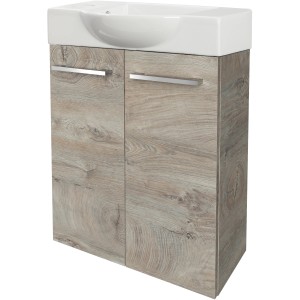 Fackelmann Waschbeckenunterschrank SBC Eiche Natur, 52 cm breit, mit zwei Türen und Aufsatzwaschbecken.