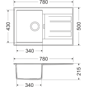 Technische Zeichnung der Miló Einbauspüle Piatto 78 in Sandbeige mit Maßangaben.