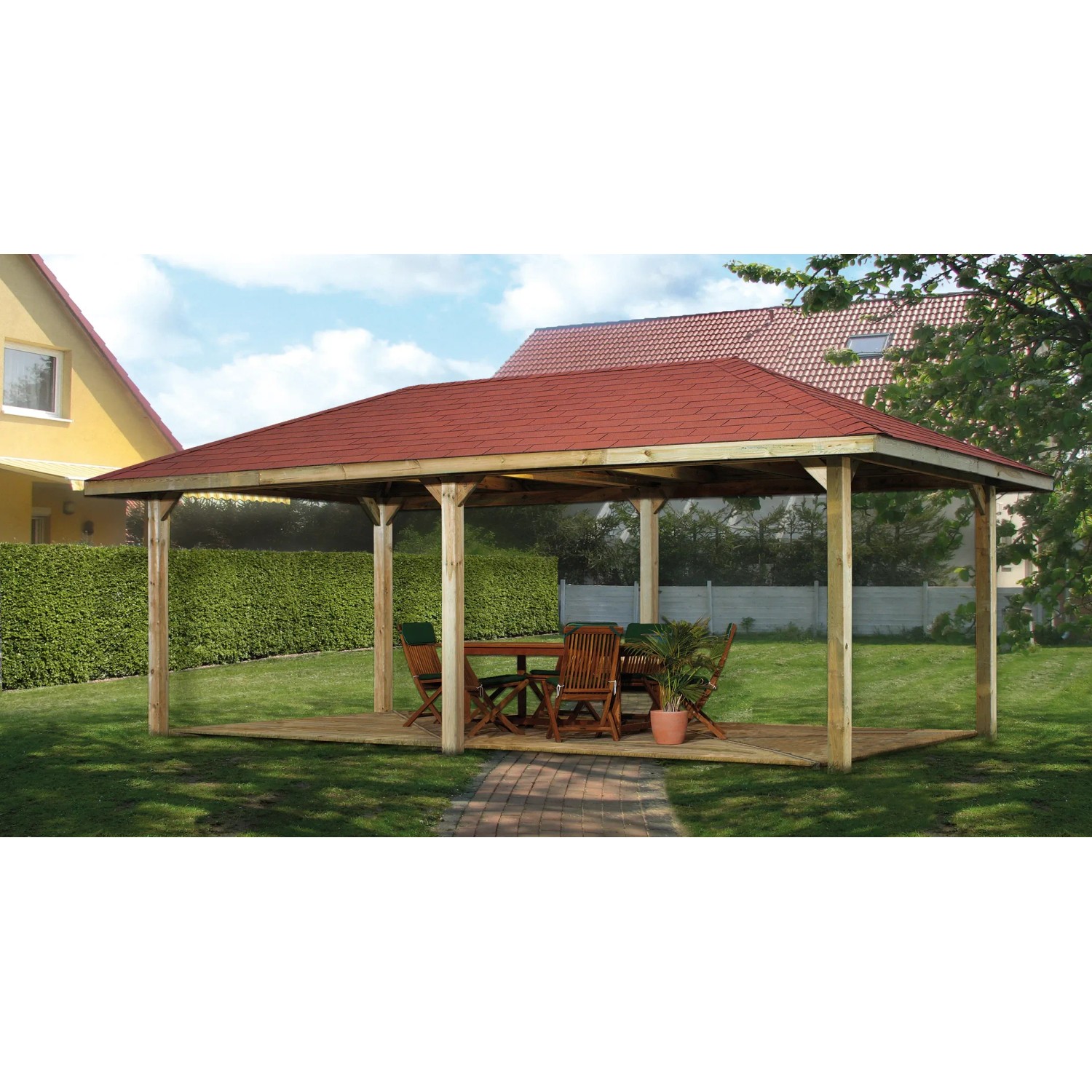 Weka Gartenoase 651 B mit roten Dachschindeln, Holzpavillon für Garten und Terrasse.