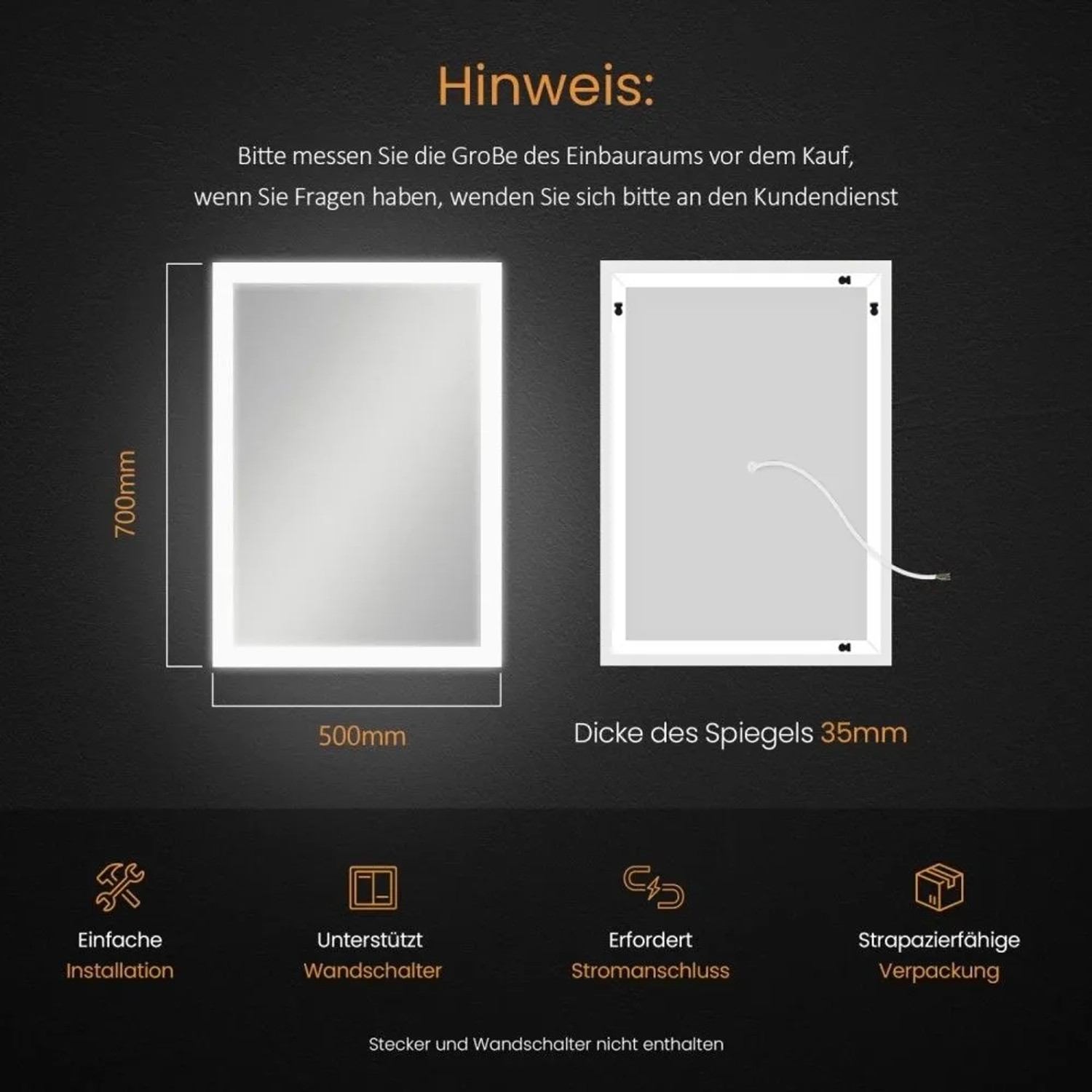 Emke Badspiegel 70x50cm LED mit Kaltweiß Licht. Vorder- & Rückansicht mit Maßen, Touchschalter & Stromanschluss für Bad.