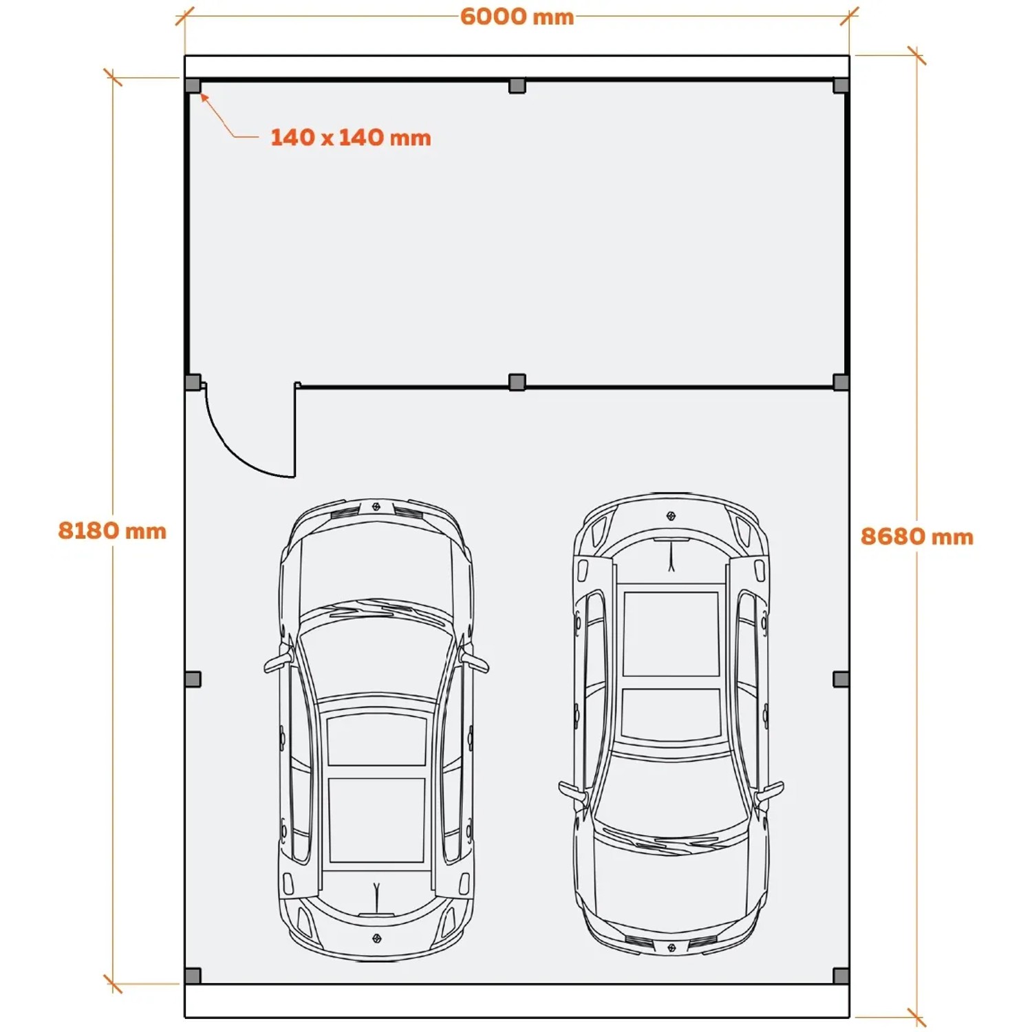 Grundriss Holzbrüder Doppelcarport Ralf mit Geräteraum, Maße 600x868cm, Blechdach rot.