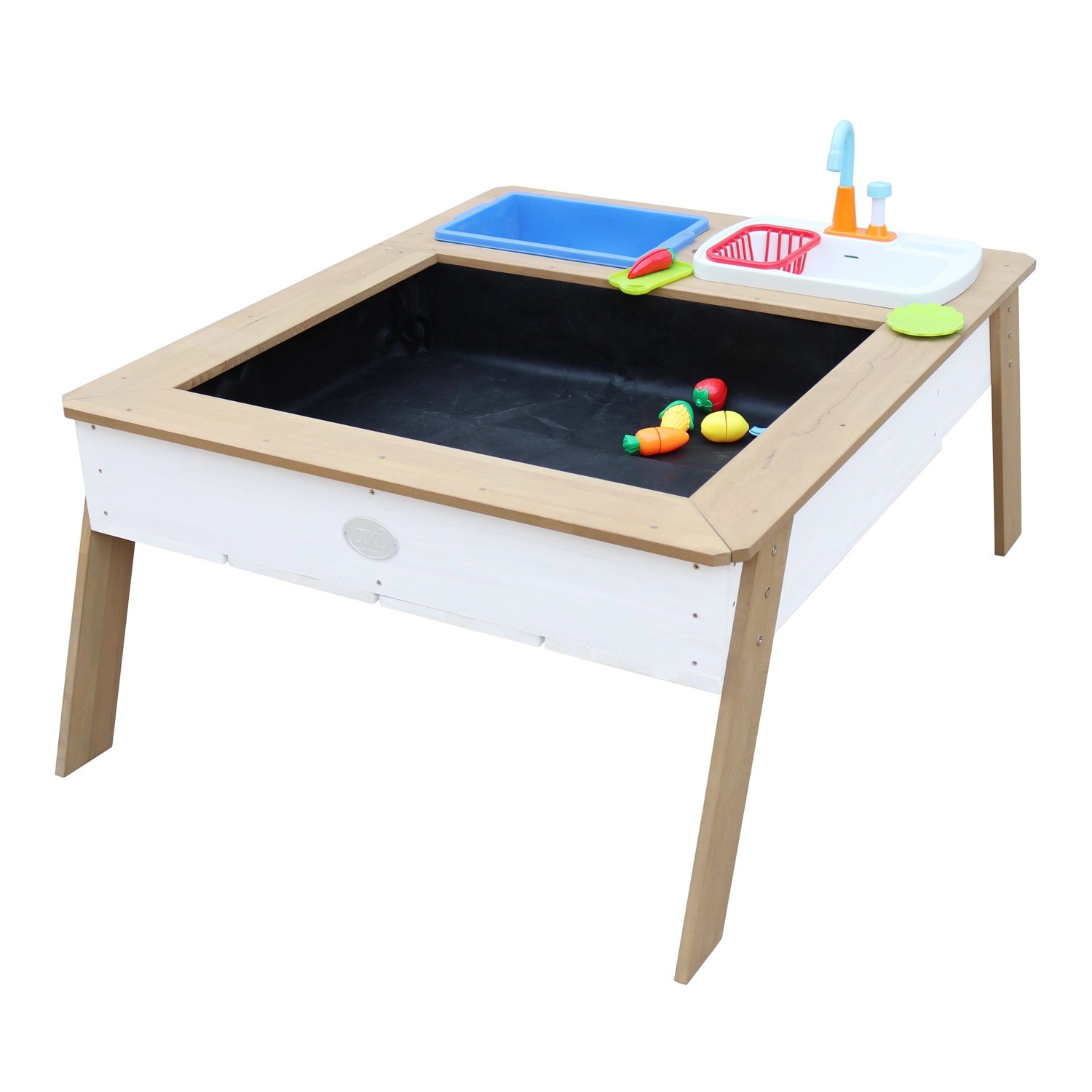 Axi Sand- und Wassertisch Linda mit Spielküche, braun-weiß, inkl. Zubehör und Sonnenschirm blau-weiß.