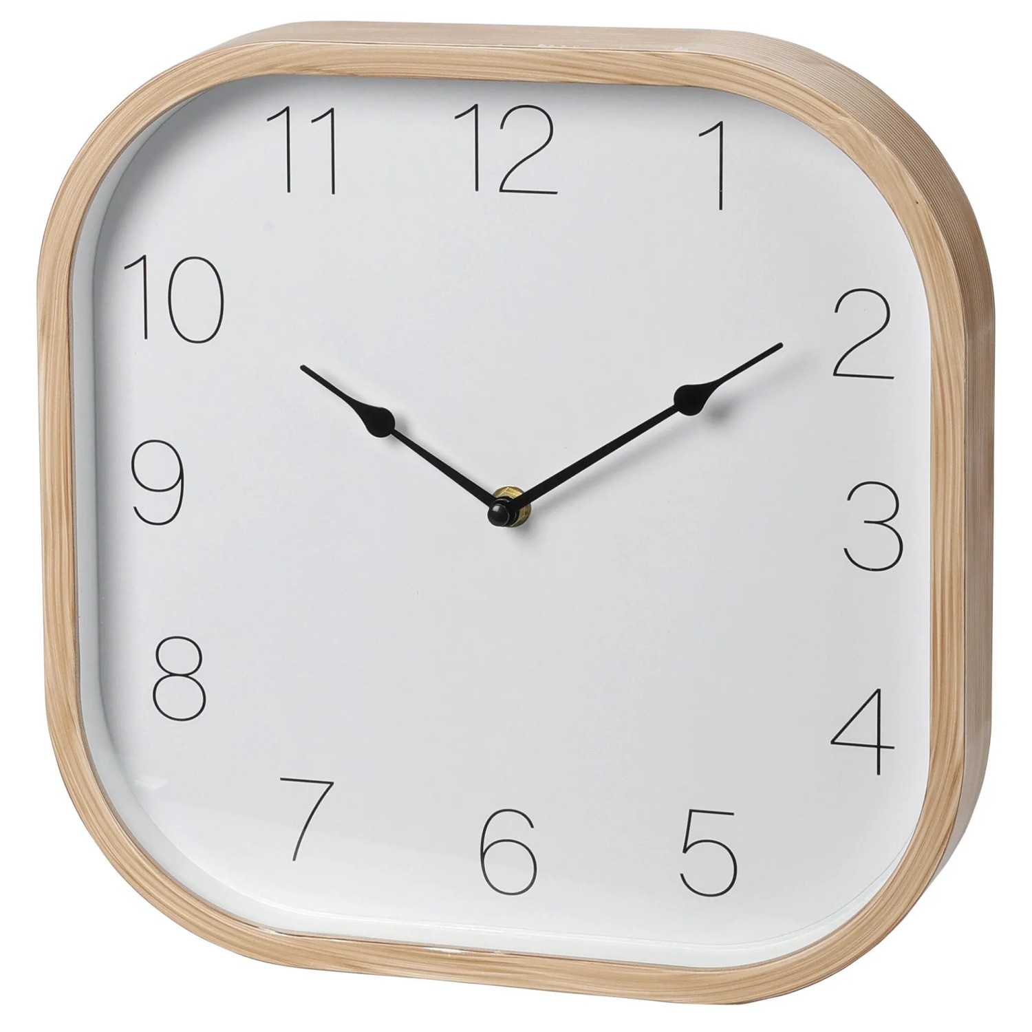 Quadratische Wanduhr in Holzoptik, 30x30 cm, mit weißem Ziffernblatt. Zeitlos für Wohnraum und Küche.