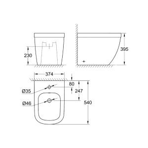 Technische Zeichnung: Grohe Stand-Bidet Euro Keramik, alpinweiß, mit Maßangaben.
