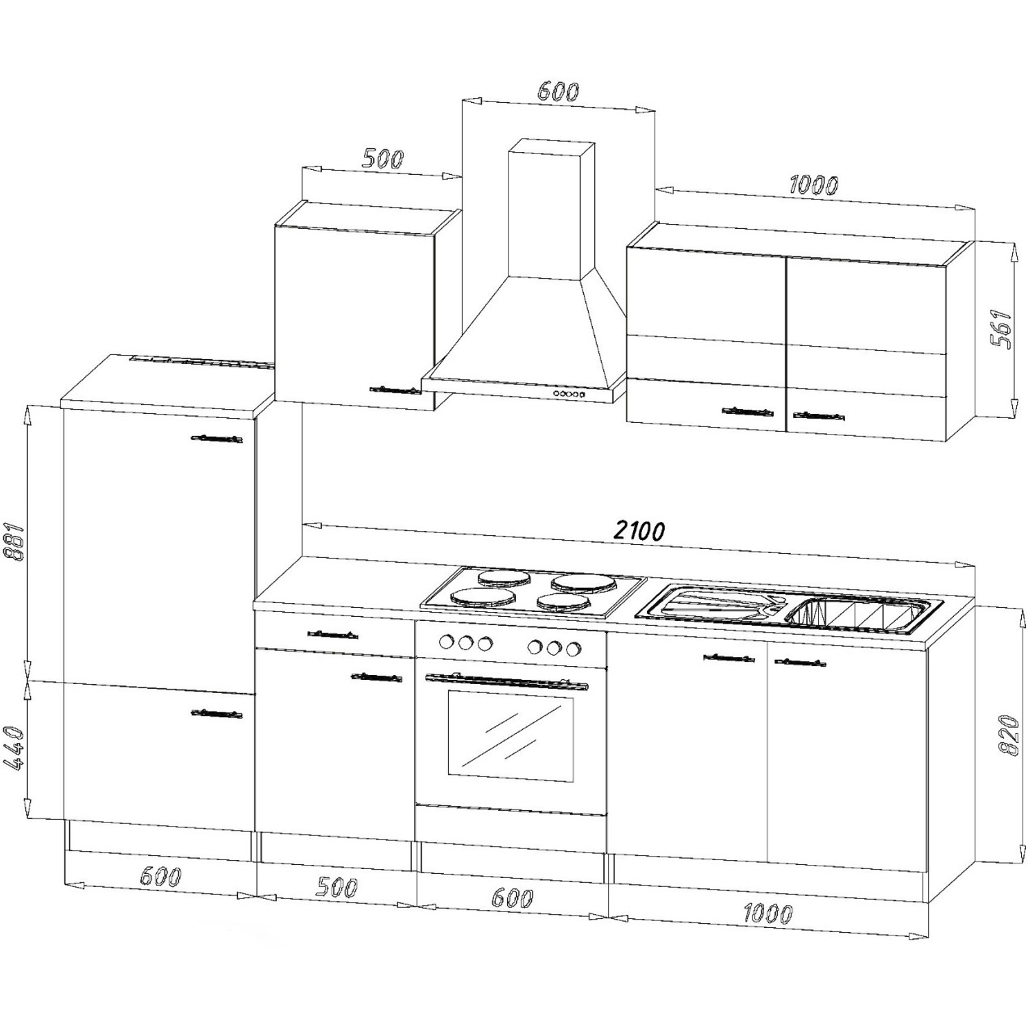 Skizze der weißen Respekta Küchenzeile KB270WWC (270 cm) mit Einbaugeräten und Maßen.