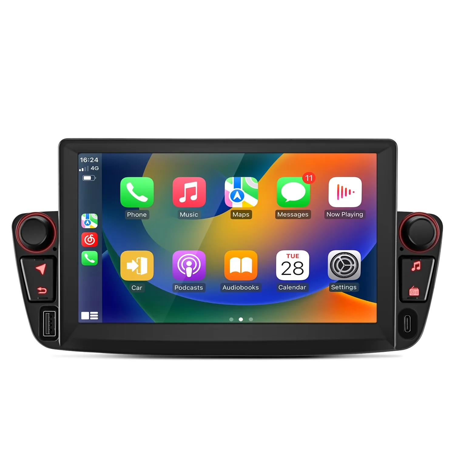 Schwarzes Junsun 7 Zoll Autoradio mit Touchscreen, zeigt bunte App-Icons. Passend für PEUGEOT 107, Citroen C1, Toyota Aygo.