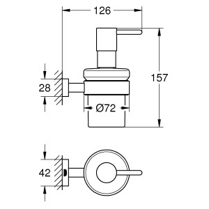 Technische Zeichnung: Grohe Seifenspender mit Halter Essentials Cube, Maße und Details.