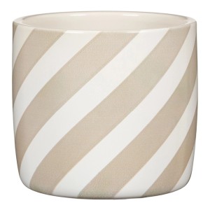 Runder Keramik-Übertopf Candy Caramel mit weißen und beigen Diagonalstreifen für Pflanzen.