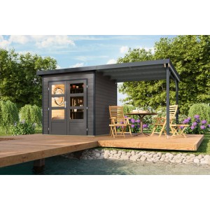 Karibu Gartenhaus Domingo 1 B mit Anbaudach 2,33 m Grau-Anthrazit