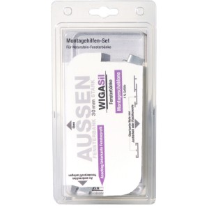 Wigasil Montagehilfen-Set für Naturstein-Fensterbänke, 4-teilig, mit Montageschablonen und Keilen.