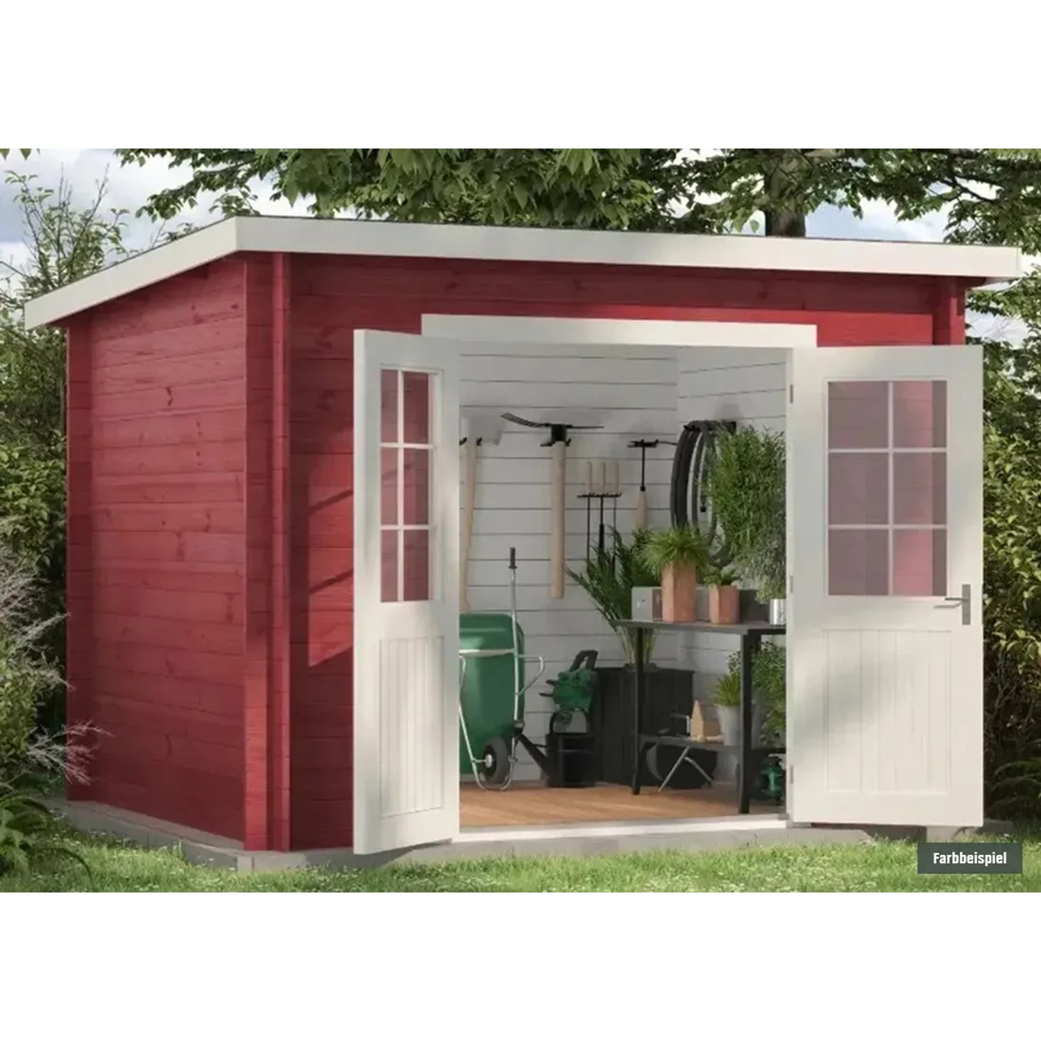 Rotes Alpholz Gartenhaus Maria-28 mit geöffneten, weißen Doppeltüren und Pultdach.