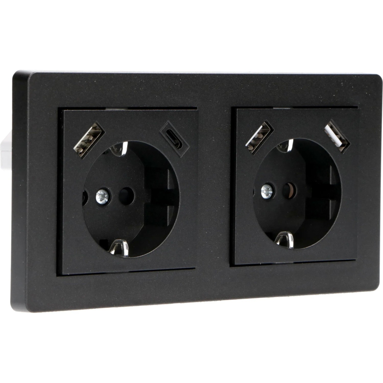 Schwarzer ProCharge Doppelsteckdosenrahmen mit USB-Anschlüssen.