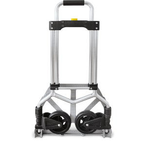 Zusammengeklappte Transport- und Sackkarre (max. 70 kg) mit Teleskoprahmen und Rädern.