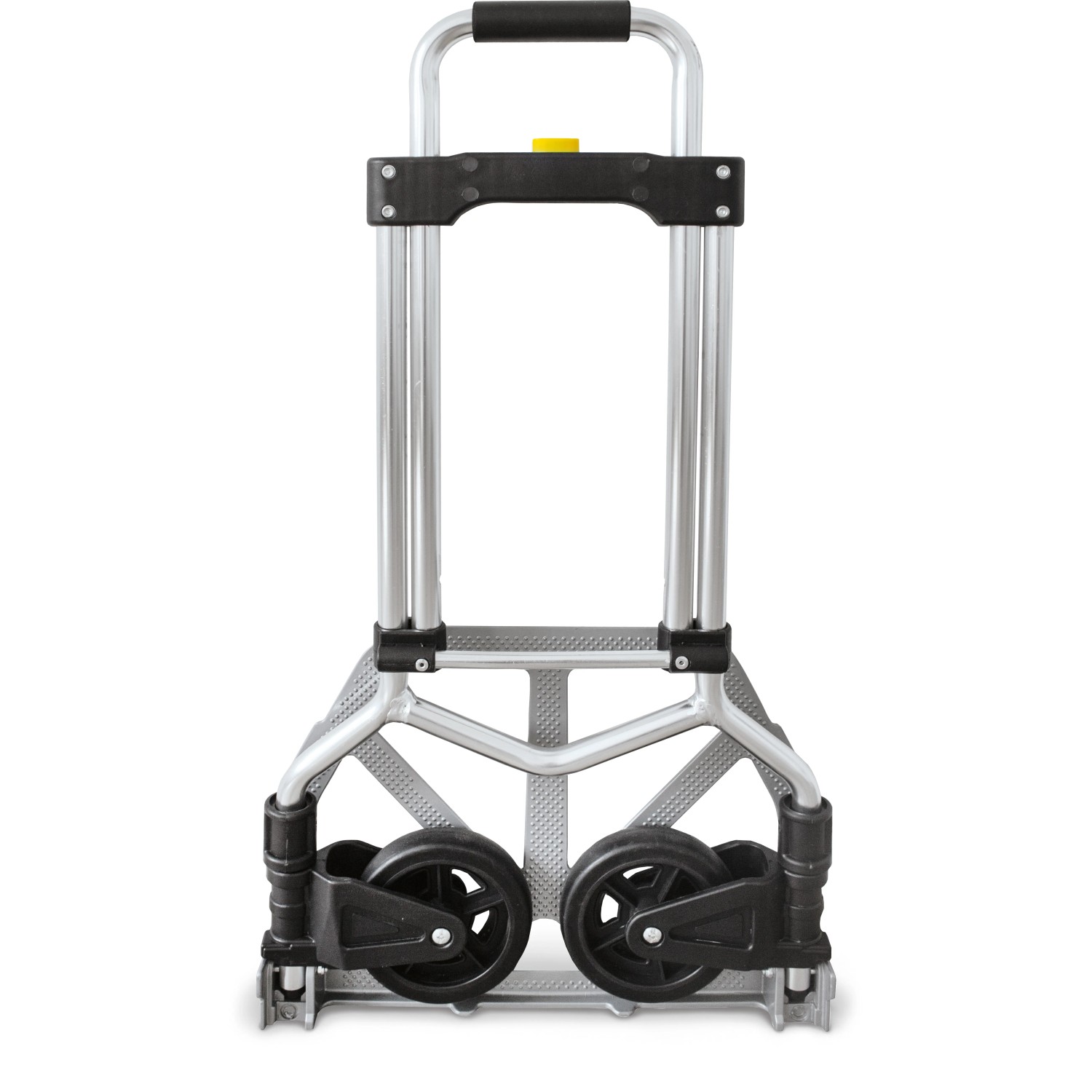 Zusammengeklappte Transport- und Sackkarre (max. 70 kg) mit Teleskoprahmen und Rädern.
