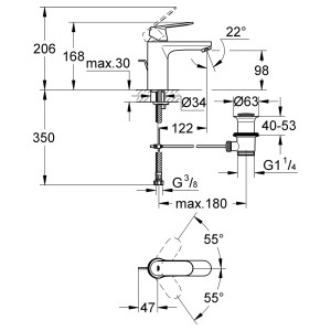 Technische Zeichnung: Grohe Eurosmart C Waschtischarmatur M-Size, Chrom, mit Maßangaben.