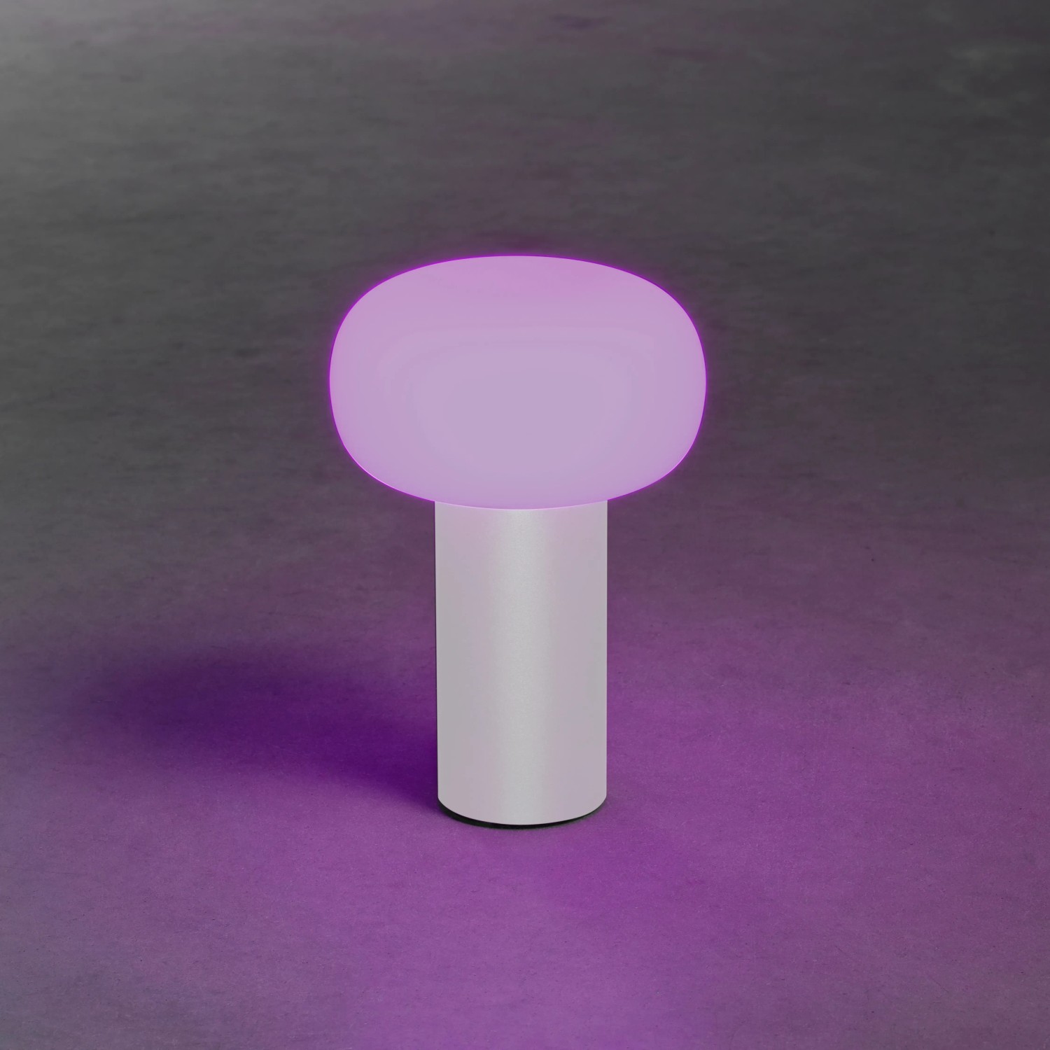 Weiße Konstsmide LED-Tischleuchte Antibes, ø 13 cm, mit violettem Lichtschein. Dekoleuchte für Innen und Außen.