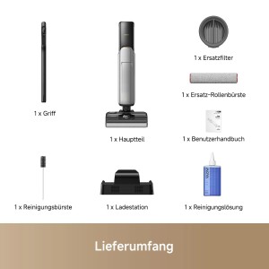 Lieferumfang Mova X4 Plus: Nasstrockensauger, Zubehör wie Filter, Bürsten, Ladestation und Reinigungslösung.