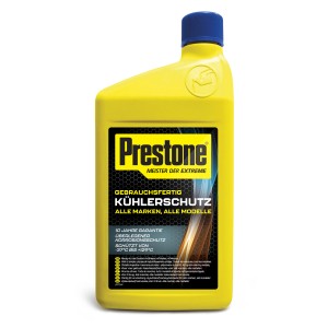 Gelbe 1L Flasche Prestone Kühlerschutz, gebrauchsfertig für alle Marken und Modelle.