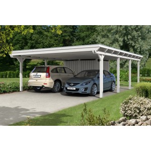 Weißer Skan Holz Carport Emsland mit Abstellraum und zwei geparkten Autos.