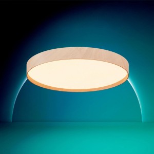 Runde Philips LED-Deckenleuchte in Holzoptik, 30 cm, strahlt warmweißes Licht aus.