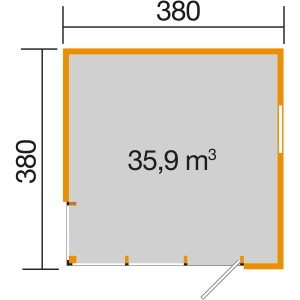 Grundriss Weka Holz-Gartenhaus Cubilis Gr. 2, 380x380 cm, mit Maßen und Volumenangabe.