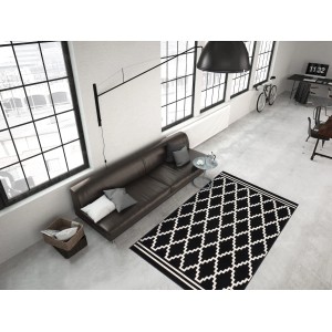 Moderner Teppich Retro 410, schwarz-elfenbein, 80x300 cm, mit geometrischem Muster.