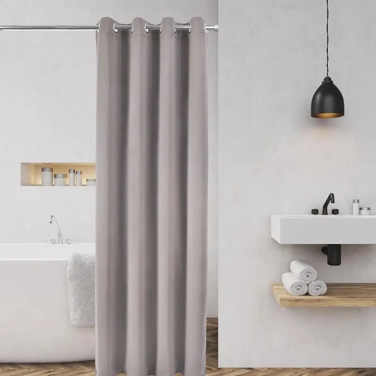 Bomoe Neptun Duschstange mit grauem Duschvorhang im Badezimmer.