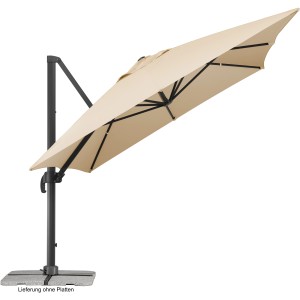 Rechteckiger, naturfarbener Schneider Ampelschirm Rhodos Grande 400x300 cm mit anthrazitfarbenem Gestell.