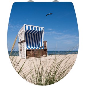 Wenko WC-Sitz Strandkorb mit Strandmotiv, Duroplast, Absenkautomatik.