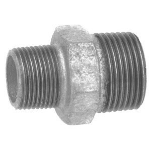 Verzinkter Kirchhoff Reduzier-Doppelnippel, 41,9 mm x 33,3 mm, für Temperguss-Fittings.