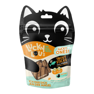 Lucky Lou Katzen-Trockenfutter Sticks Huhn & Forelle, 50g Packung im Katzen-Design.
