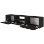 Schwarzes Selsey Framme TV-Hängeboard 150 cm mit drei geöffneten Klappen, offenem Fach und Ablage.