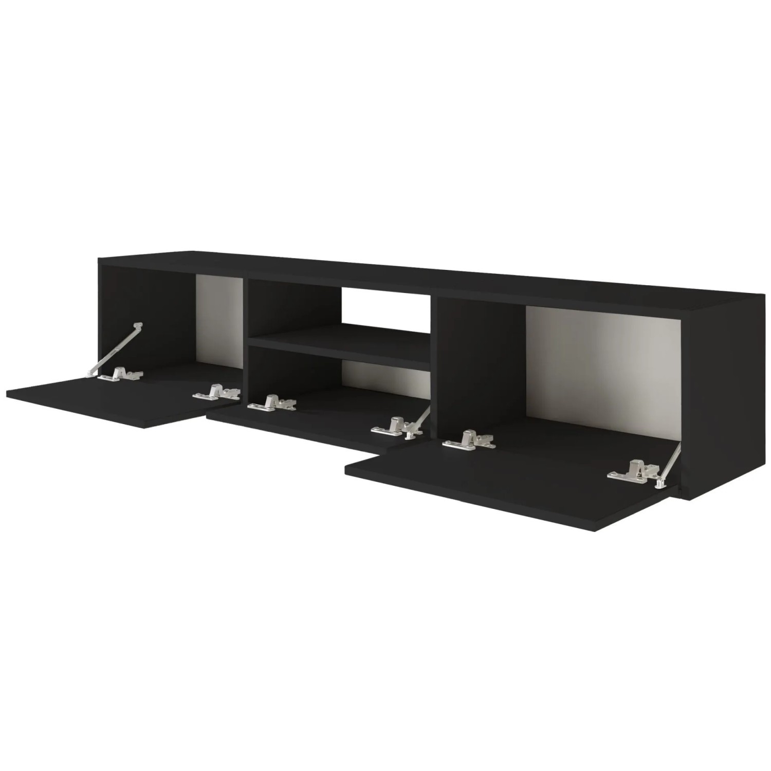 Schwarzes Selsey Framme TV-Hängeboard 150 cm mit drei geöffneten Klappen, offenem Fach und Ablage.