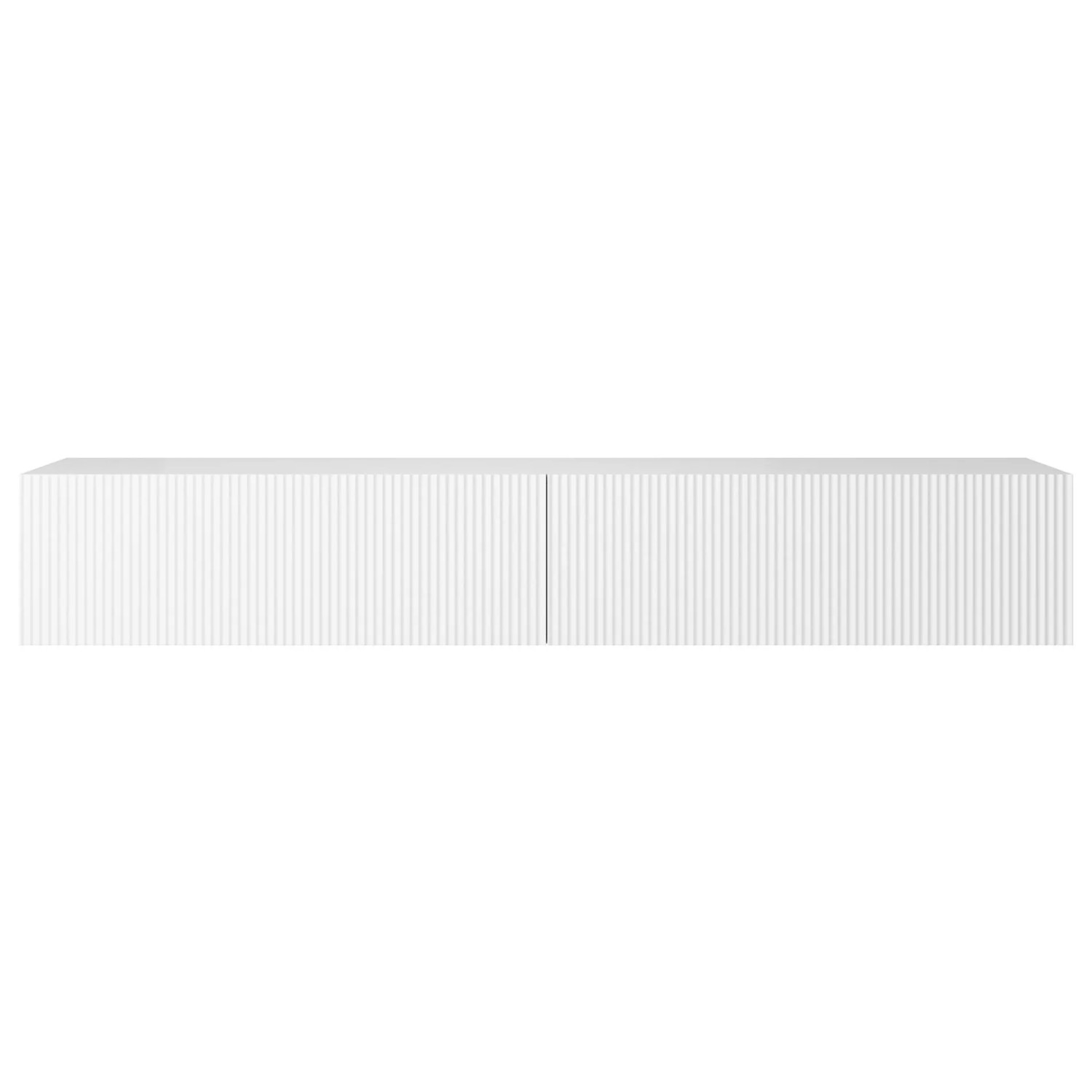 Weißes Selsey Veldio TV-Hängeboard 175 cm mit moderner Lamellenfront und zwei Fächern für Stauraum.