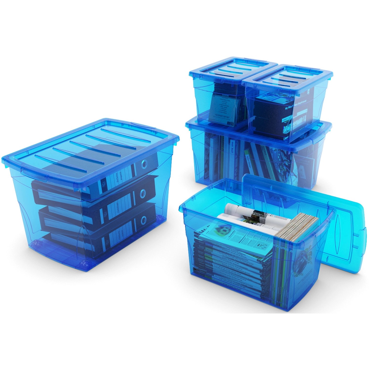 Blaue Aufbewahrungsbox Home XL mit Rollen, gefüllt mit Ordnern und Büromaterial.