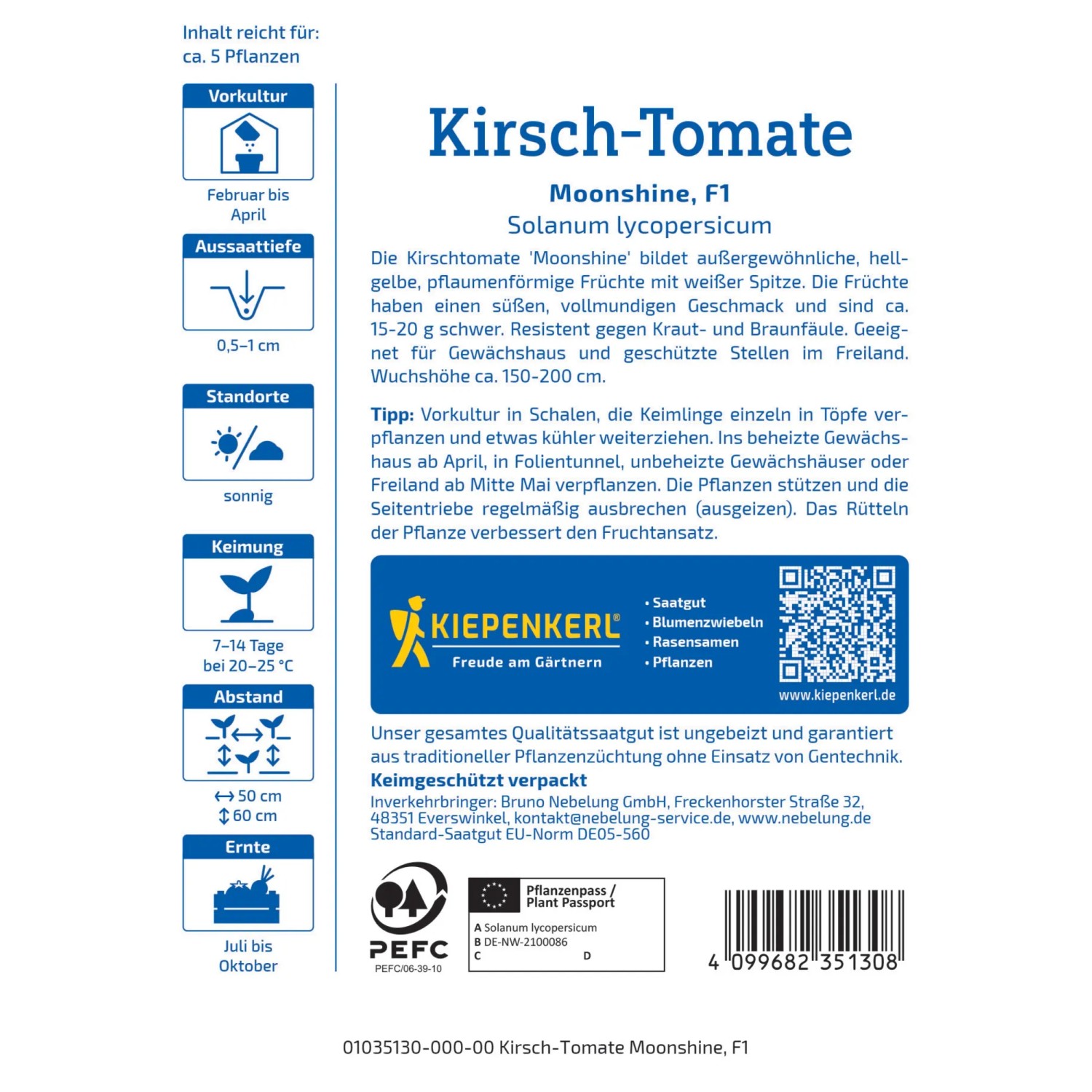 Kiepenkerl Kirschtomate Moonshine Saatgut: Gelbe Mini-Pflaumentomaten für Gewächshaus & Freiland.