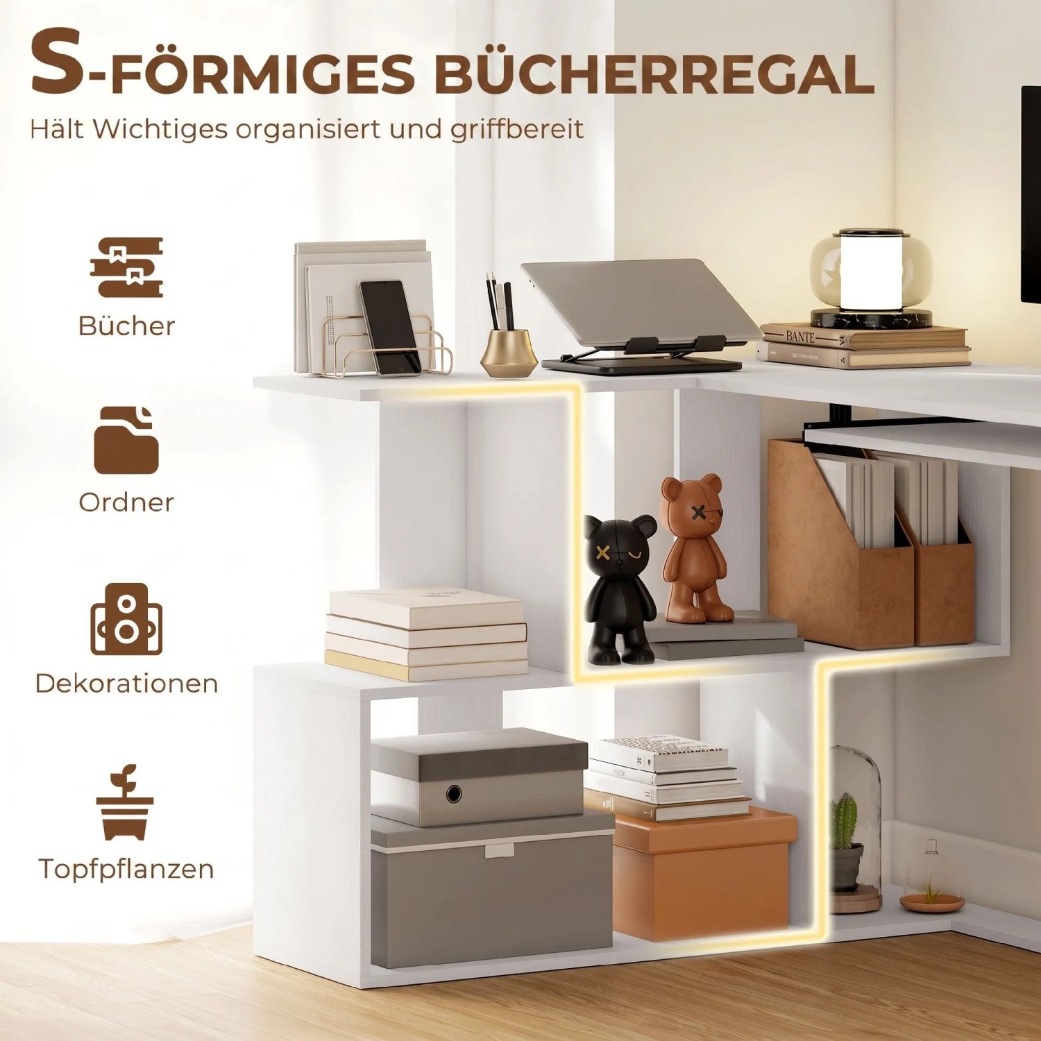 Weißer HOMCOM Computertisch mit S-förmigem Bücherregal. Ablagefächer für Bücher, Ordner und Deko. Moderner Schreibtisch.