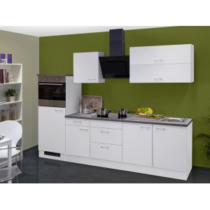 Flex-Well Küchenzeile Lucca 270 cm in Weiß mit E-Geräten und grauer Arbeitsplatte.