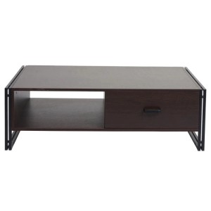 Dunkelbrauner MCW Couchtisch A27 mit Schublade und Metallgestell.