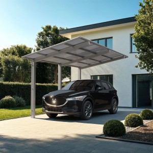 Ximax Alu Carport Linea Edelstahl-Look XL mit Auto vor Haus, transparente Dachplatten.