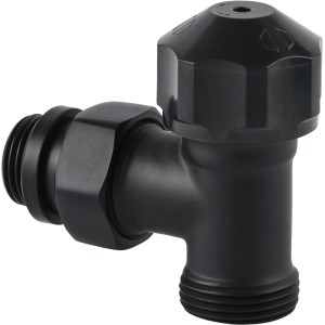 Schwarzes Sanicomfort Thermostatventil Unterteil Design Eck für Heizungsinstallation.