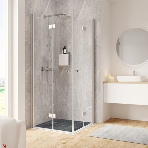 Schulte ExpressPlus Drehfalttür Eckeinstieg 200x90cm, Montage auf Fliese, Alu-Natur Rahmen, Klarglas.